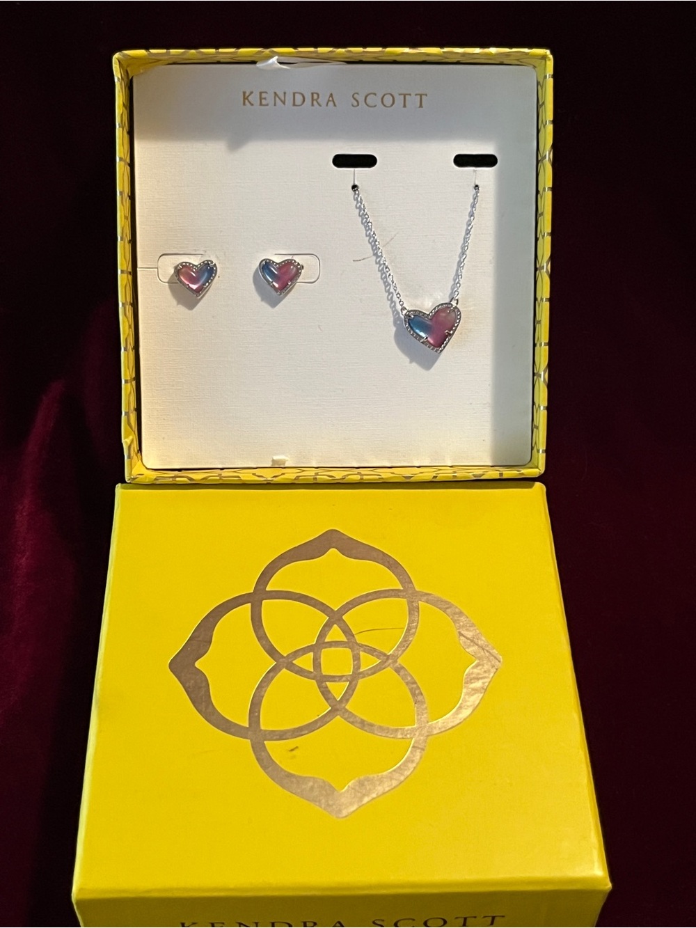 KENDRA SCOTT Ari Heart Necklace & Earrings Gift Set Pink & Blue Watercolor NEW